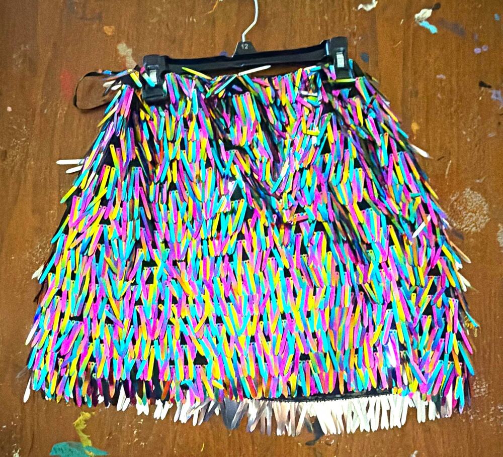 Forever 21 Women’s Multicolor Black Satin Fringe Mini Skirt Zip Size M